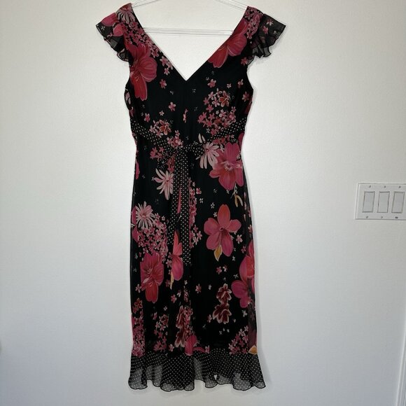 Y2K Whimsigoth New York & Co Flutter Sleeve Dress Size 10 Black Floral - Picture 2 of 12